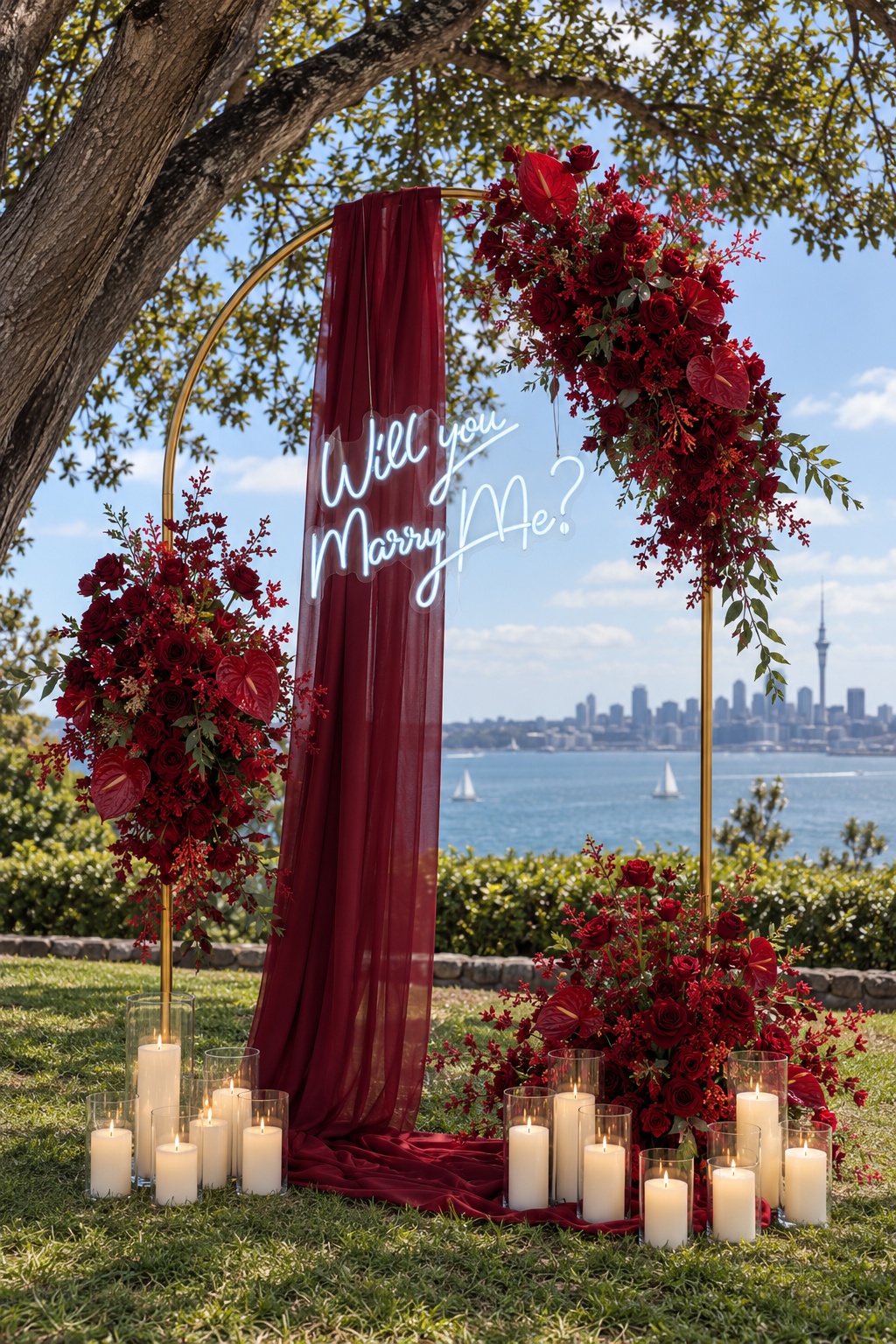 Romantic marriage proposal setup at Bastion Point, Auckland, featuring a gold oval arch, burgundy draping, red florals, cool-white Will You Marry Me neon sign and candles overlooking the harbour.