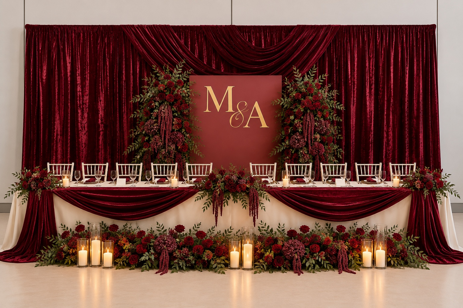 Bridal Table Backdrop and Table Decor - Burgundy Velvet Styling