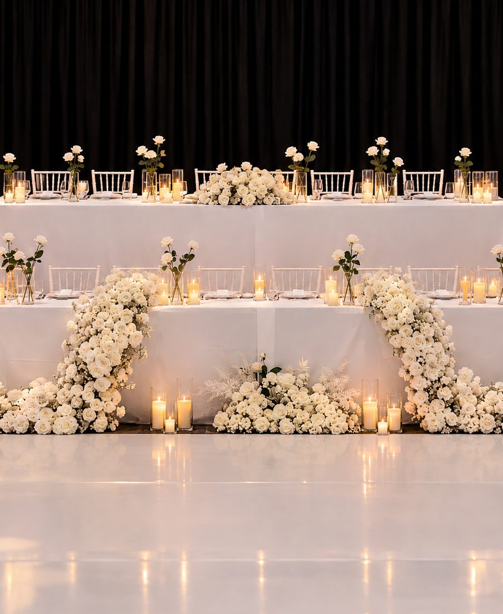 Luxury two-tier bridal party table styling in Auckland for up to 20 guests with white florals, cascading flower arrangements and candle décor