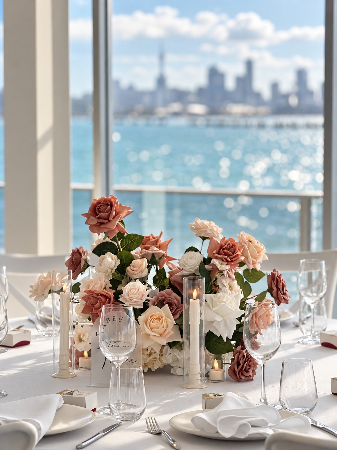 Luxury wedding table with blush, champagne and ivory rose florals, candles and white tableware overlooking Auckland Harbour.