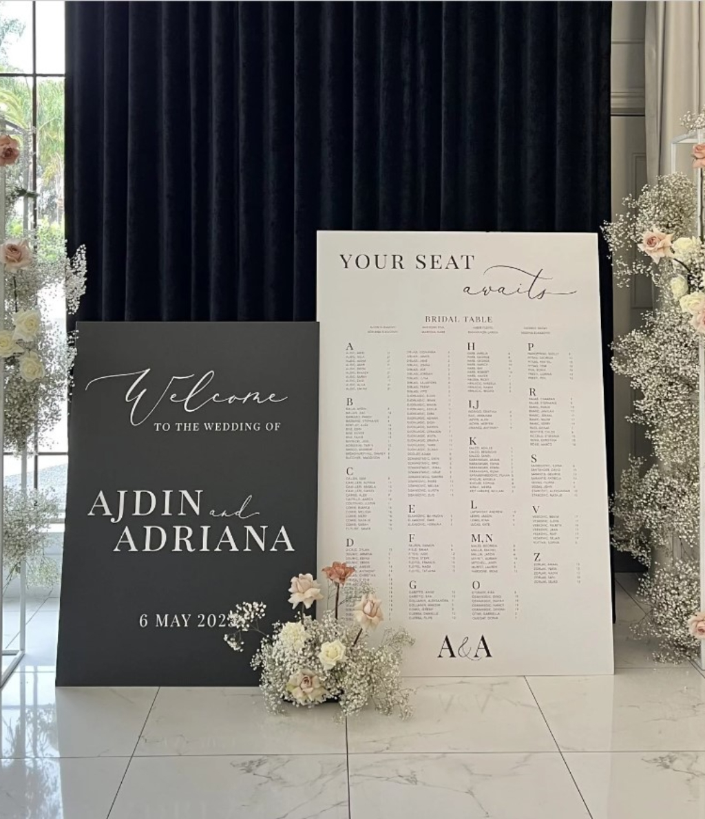Welcome sign and seating chart wedding