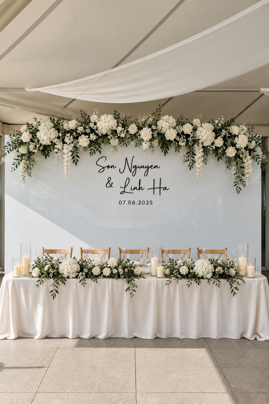 White floral bridal table backdrop with greenery and personalised wedding signage in Auckland