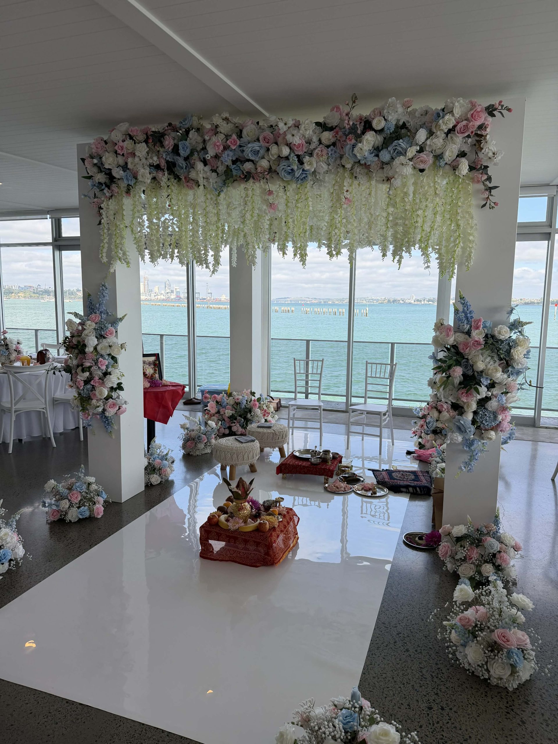 Auckland Indian Wedding Pastel Mandap with Wisteria Hanging flowers by Luxury Lane