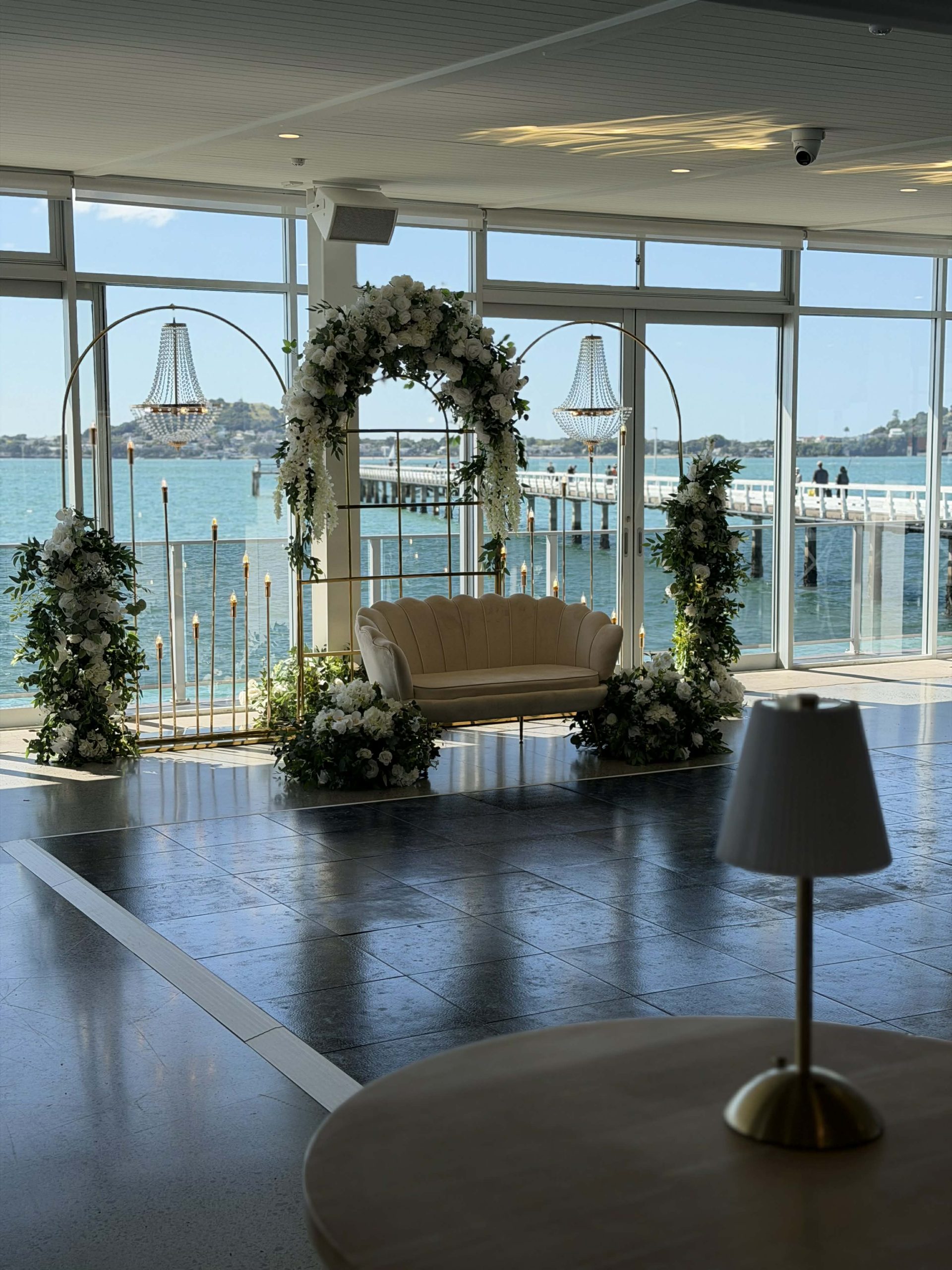 Gold Arches & Chandeliers Indian Wedding Sofa Backdrop