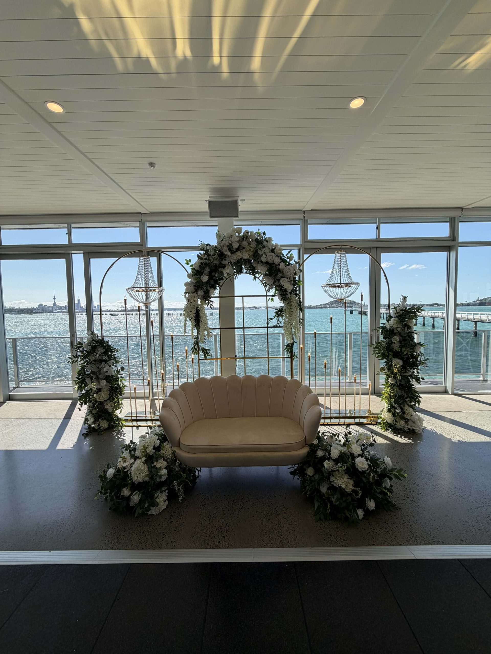 Gold Arches & Chandeliers Indian Wedding Sofa Backdrop