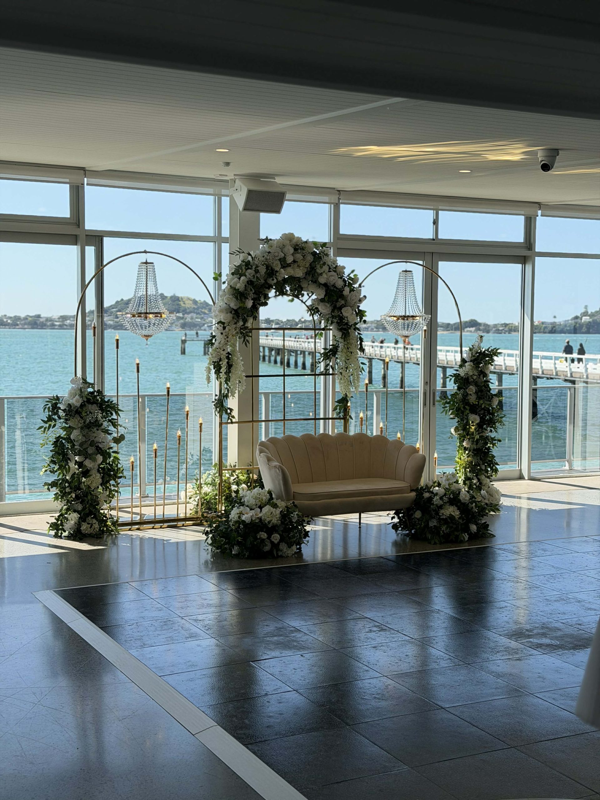 Gold Arches & Chandeliers Indian Wedding Sofa Backdrop