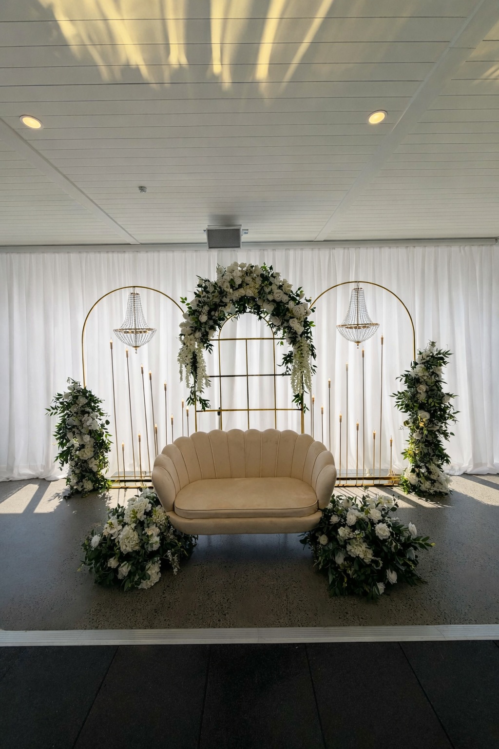 Gold Arches & Chandeliers Indian Wedding Sofa Backdrop