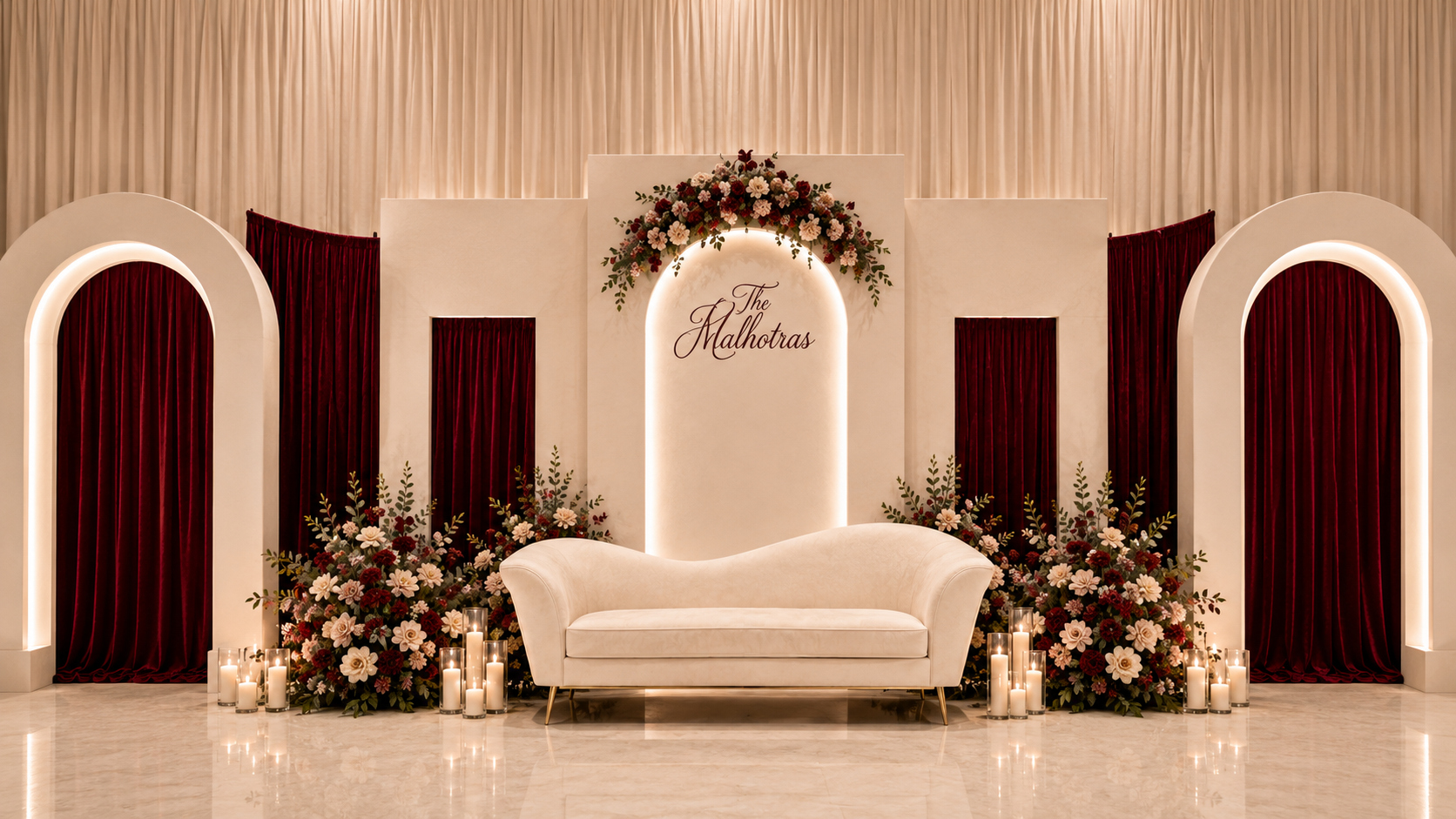 Luxury Burgundy Wedding Stage Reception Decor Draping by Luxury Lane