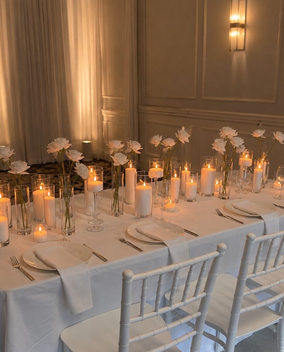 Table decor with pearl sand wax candles Auckland Luxury Lane