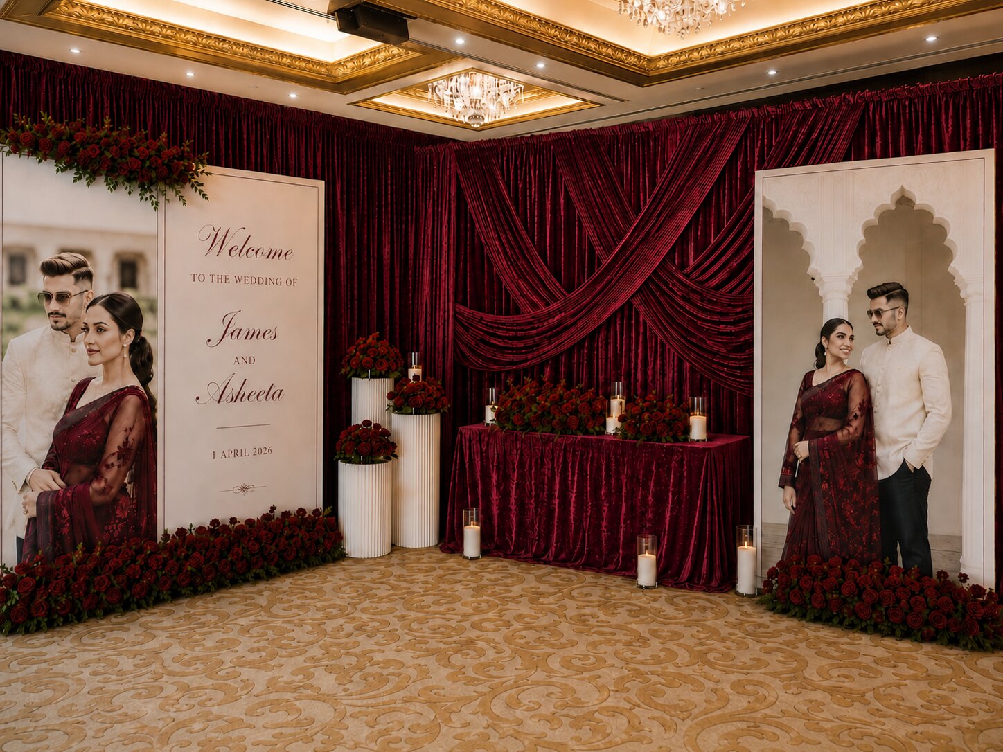 Extravagant Burgundy Drape Photo Welcome Area