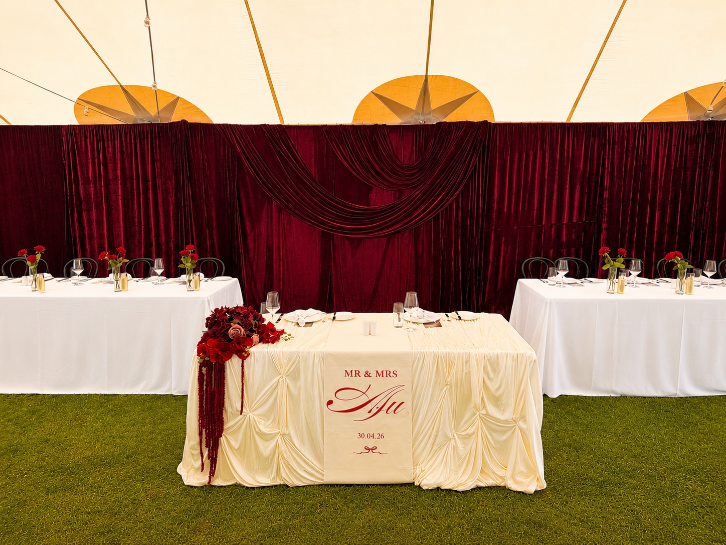 Stylish unique wedding draping burgundy Vogue style by Luxury Lane