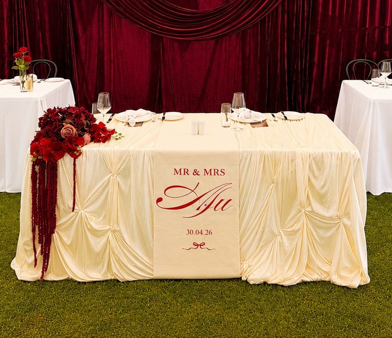 Stylish unique wedding draping burgundy Vogue style by Luxury Lane