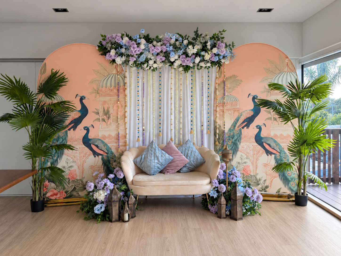 Indian baby shower peacock backdrop with sofa decor