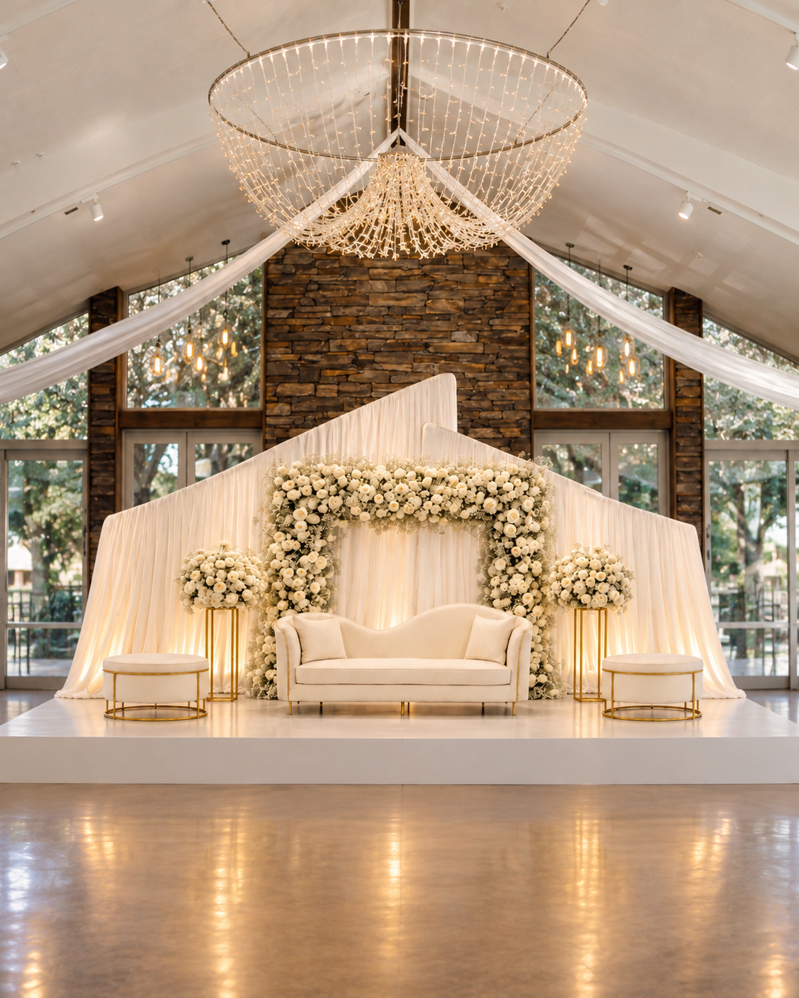 Luxury ivory wedding reception stage with asymmetrical white draping, square floral arch, cream sofa, gold floral stands and matching ottomans.